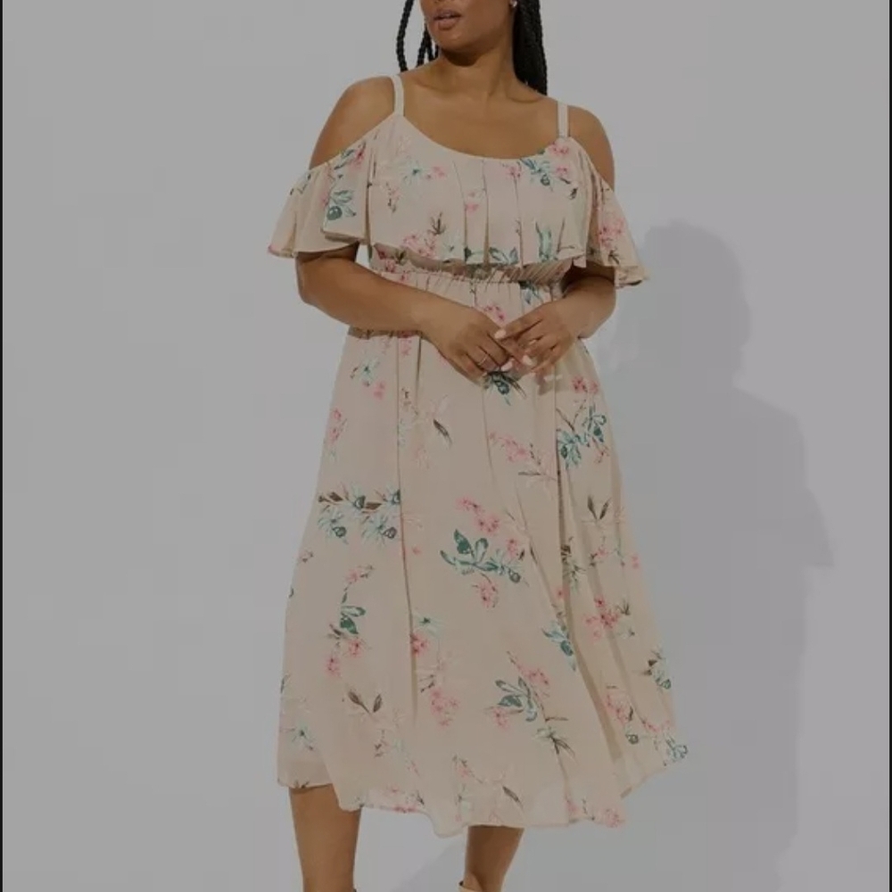 Torrid Cream Floral Cold-Shoulder Midi Dress